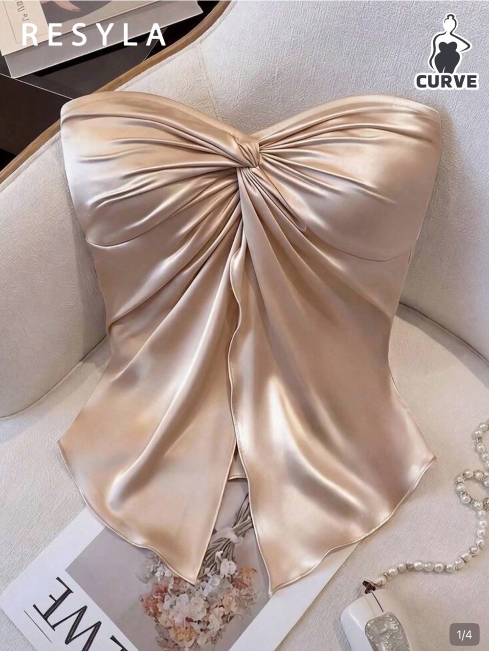 SHEIN Champagne Satin Strapless Twist Front Top